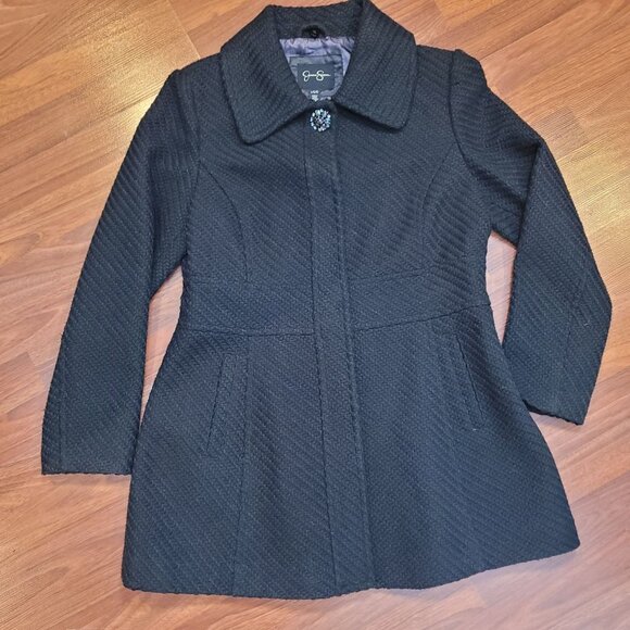 Jessica Simpson Black Faux Fur Collar Textured Womens Coat L - Picture 14 of 16